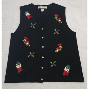 Crystal Kobe XL Ugly Christmas Sweater Vest Gold Buttons Bells Snowman Holly